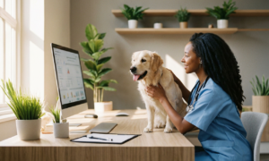 Veterinarian reviewing the massive Covetrus MWI Animal Health merge on a computer in a clinic.