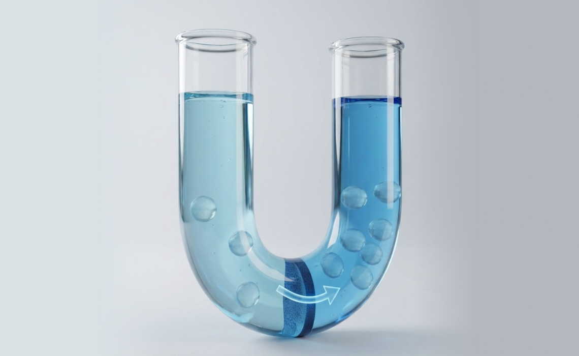 IV Fluid Therapy 3D representation showing osmosis and water movement across a semipermeable membrane.